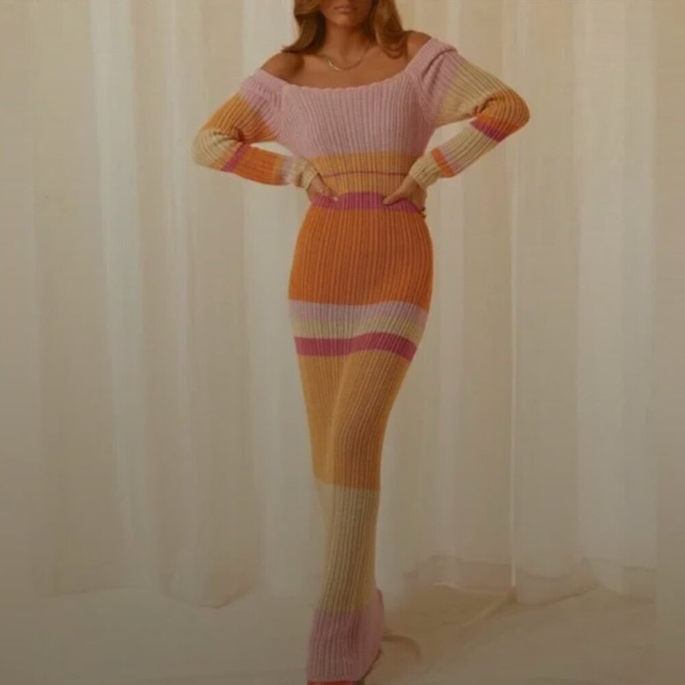 Peppermayo Long Sleeve Ribbed Maxi Dress in Pink, Orange, Cream - Picture 5 of 6
